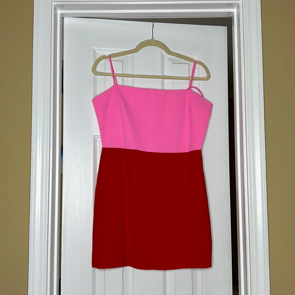 Pink and red color block mini dress
